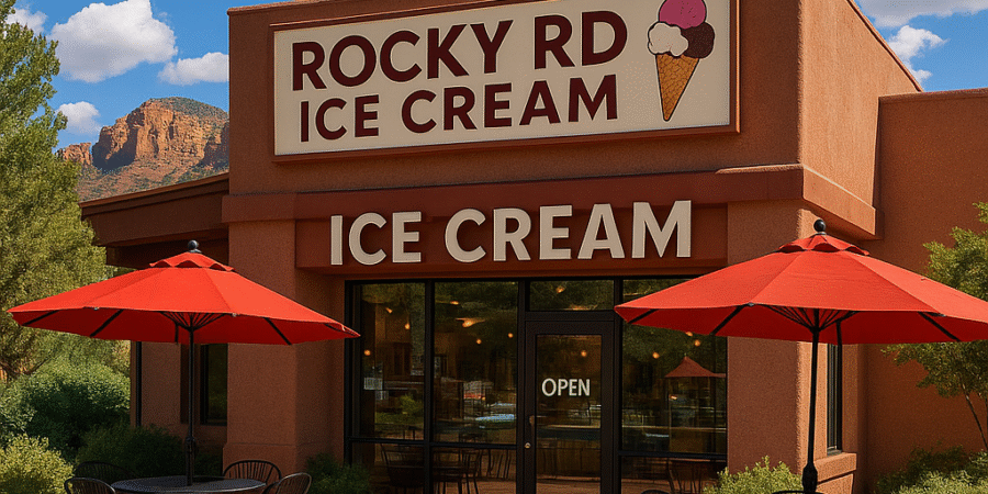 Front view of Rocky RD Ice Cream shop in Village of Oak Creek, Sedona, featuring outdoor seating with red umbrellas, beige stucco building, and scenic red rock formations under a clear blue sky.