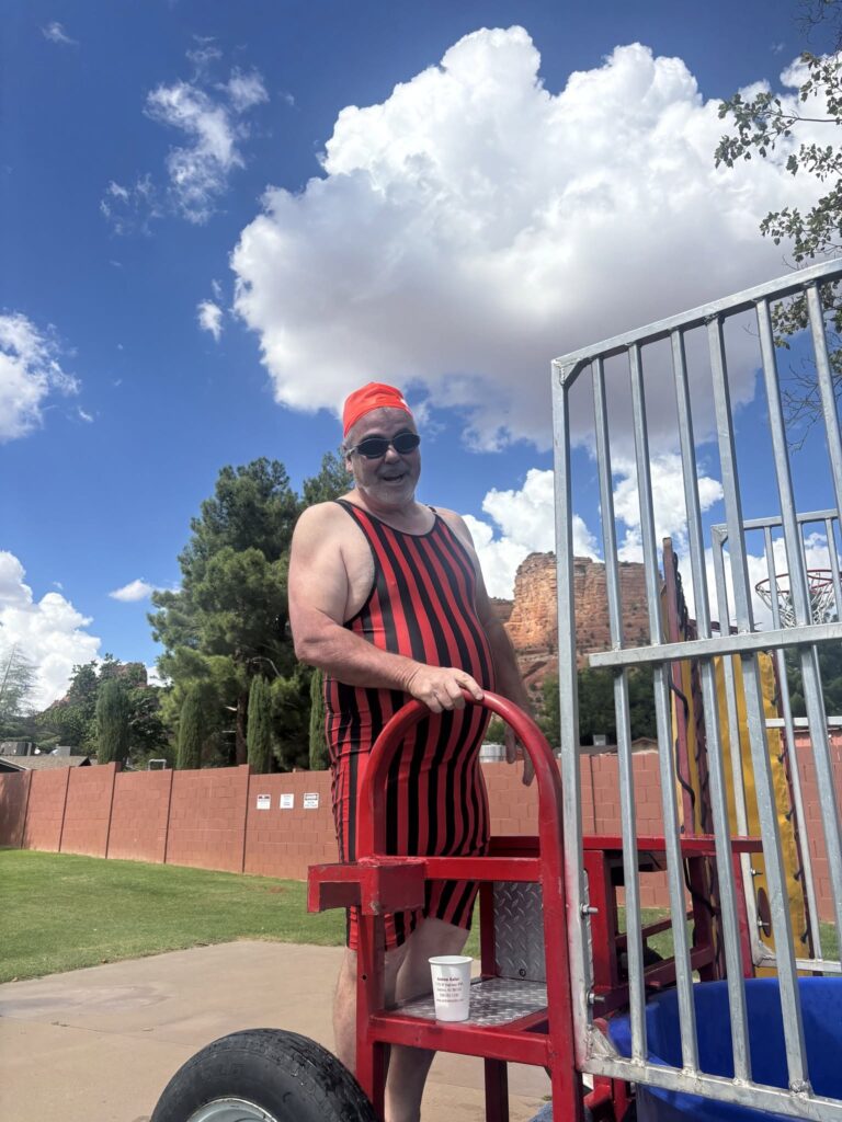 Clarks Manager Kevin Frye. Local business sponsors participating in the dunk tank at the Village of Oak Creek Community BBQ